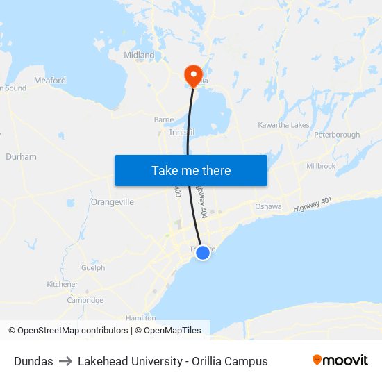 Dundas to Lakehead University - Orillia Campus map