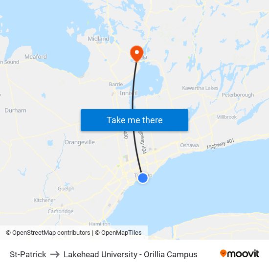 St-Patrick to Lakehead University - Orillia Campus map