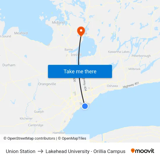Union Station to Lakehead University - Orillia Campus map