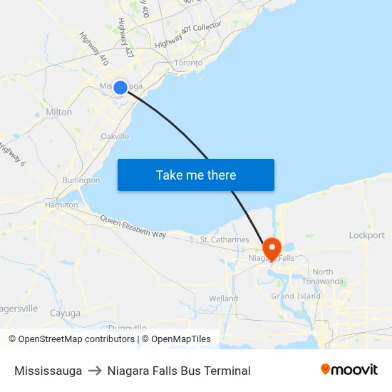 Mississauga to Niagara Falls Bus Terminal map