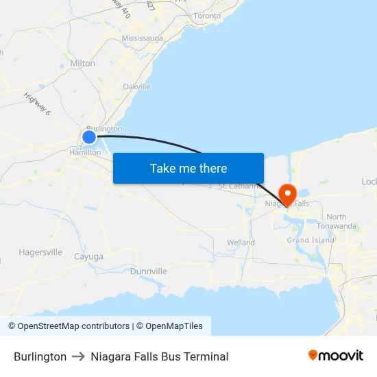 Burlington to Niagara Falls Bus Terminal map