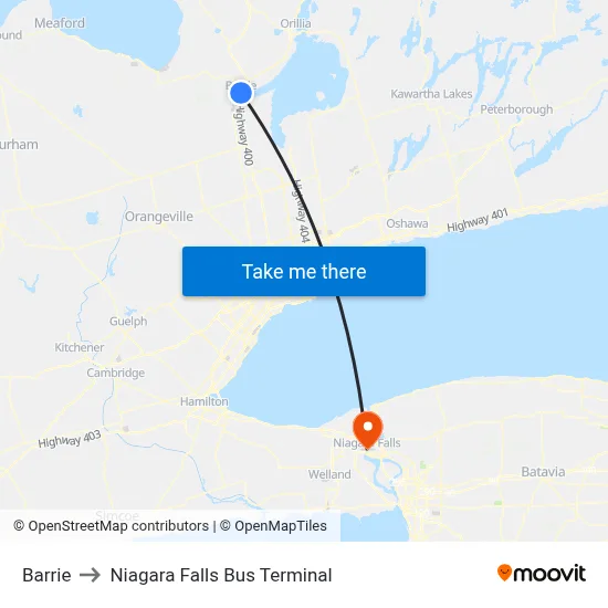Barrie to Niagara Falls Bus Terminal map