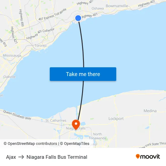 Ajax to Niagara Falls Bus Terminal map