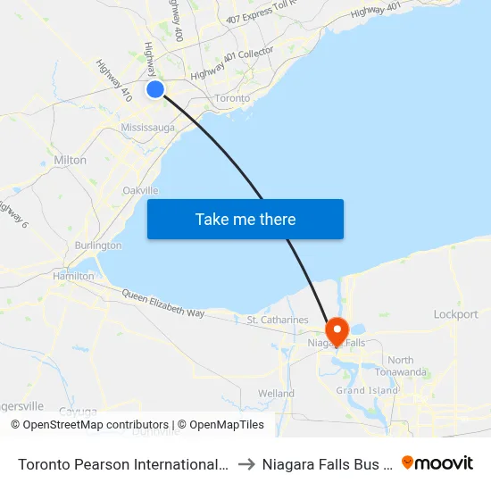Toronto Pearson International Airport (Yyz) to Niagara Falls Bus Terminal map