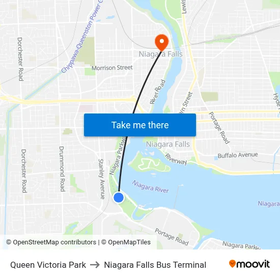 Queen Victoria Park to Niagara Falls Bus Terminal map