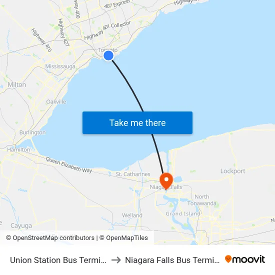 Union Station Bus Terminal to Niagara Falls Bus Terminal map