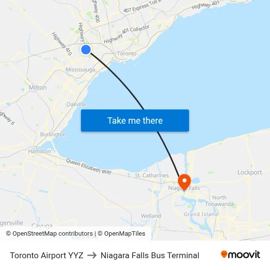 Toronto Airport YYZ to Niagara Falls Bus Terminal map