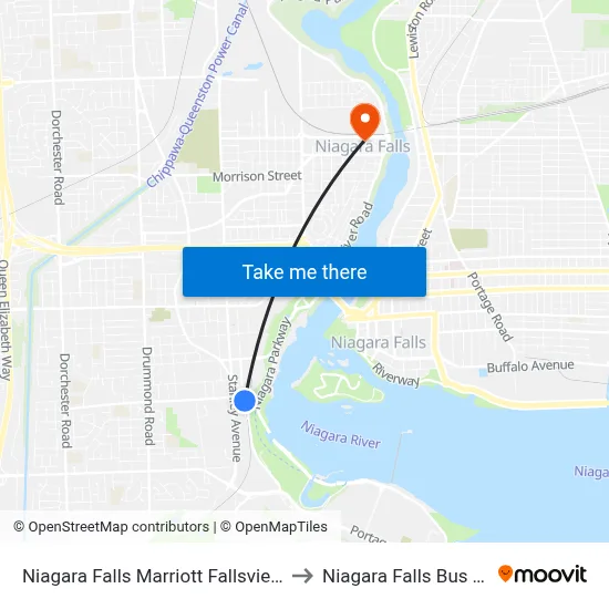 Niagara Falls Marriott Fallsview Hotel Spa to Niagara Falls Bus Terminal map