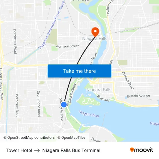 Tower Hotel to Niagara Falls Bus Terminal map