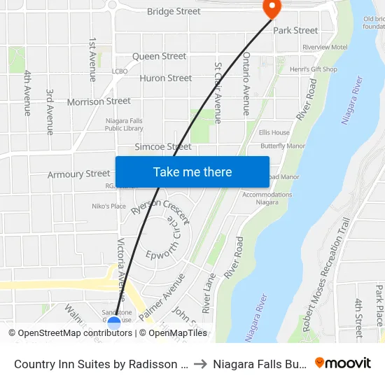 Country Inn Suites by Radisson Niagara Falls ON to Niagara Falls Bus Terminal map