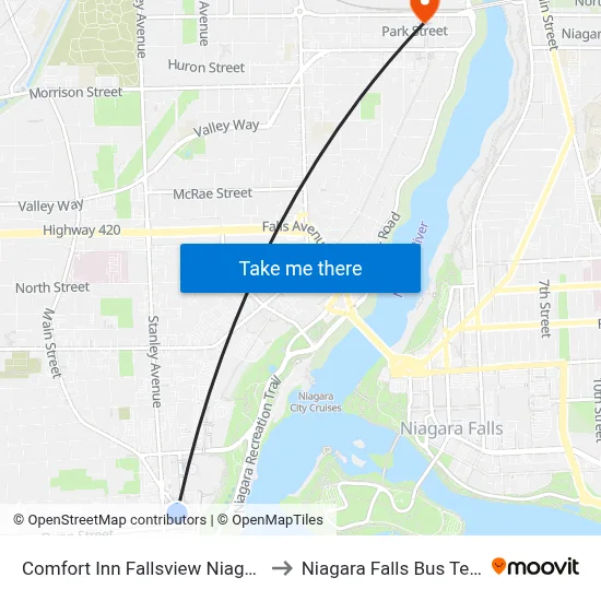 Comfort Inn Fallsview Niagara Falls to Niagara Falls Bus Terminal map
