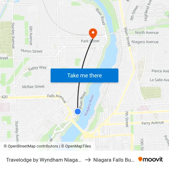 Travelodge by Wyndham Niagara Falls Fallsview to Niagara Falls Bus Terminal map