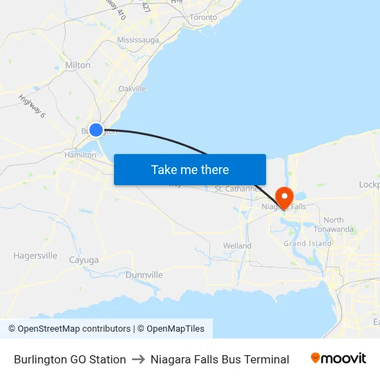 Burlington GO Station to Niagara Falls Bus Terminal map