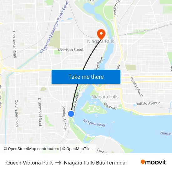 Queen Victoria Park to Niagara Falls Bus Terminal map
