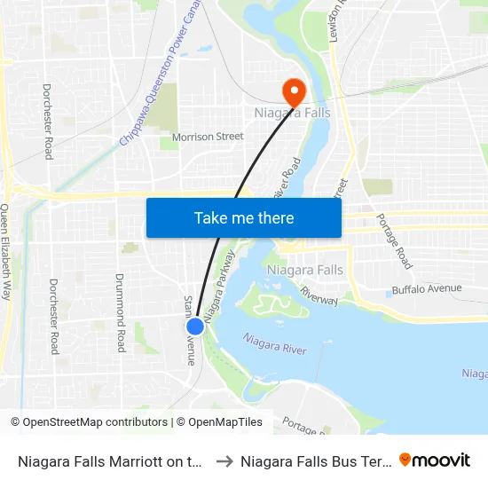 Niagara Falls Marriott on the Falls to Niagara Falls Bus Terminal map
