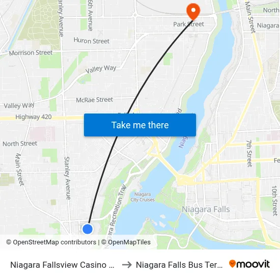 Niagara Fallsview Casino Resort to Niagara Falls Bus Terminal map