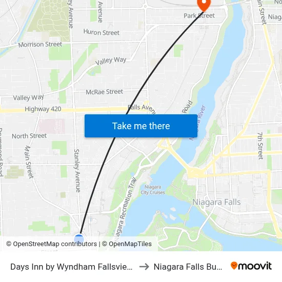 Days Inn by Wyndham Fallsview, Niagara Falls to Niagara Falls Bus Terminal map