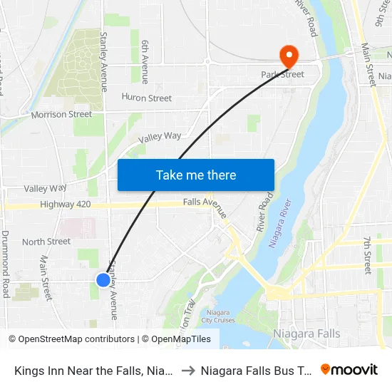 Kings Inn Near the Falls, Niagara Falls to Niagara Falls Bus Terminal map
