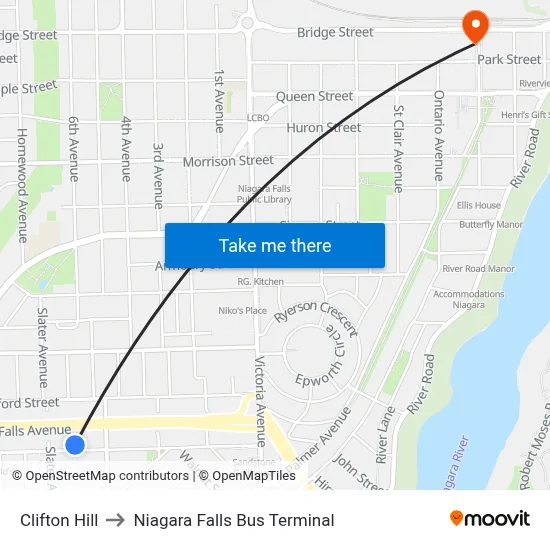 Clifton Hill to Niagara Falls Bus Terminal map
