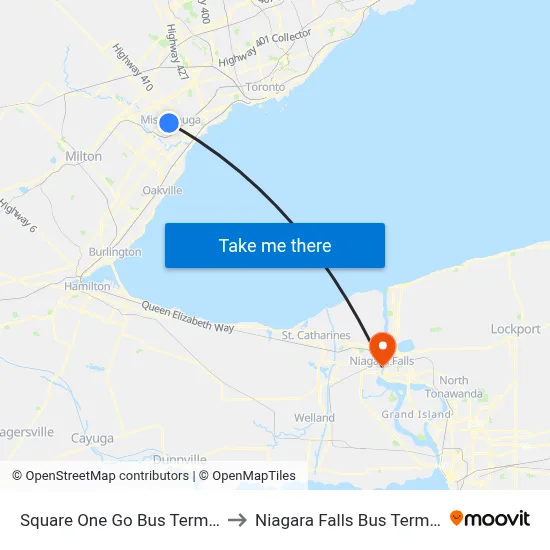 Square One Go Bus Terminal to Niagara Falls Bus Terminal map