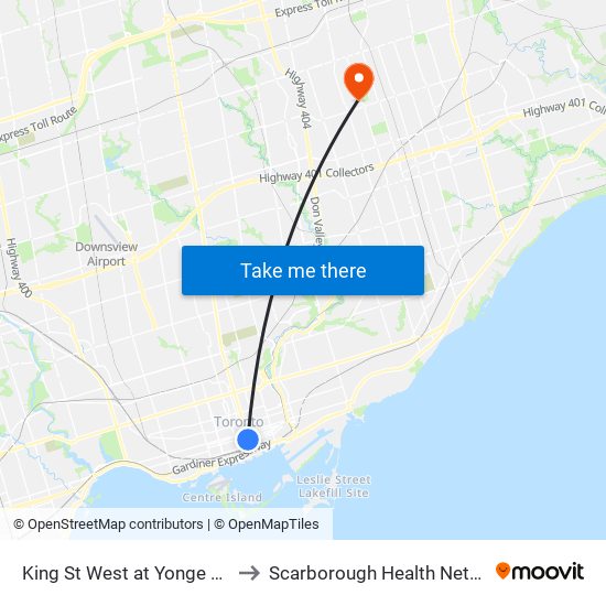 King St West at Yonge St West Side - King Station to Scarborough Health Network - Birchmount Hospital map