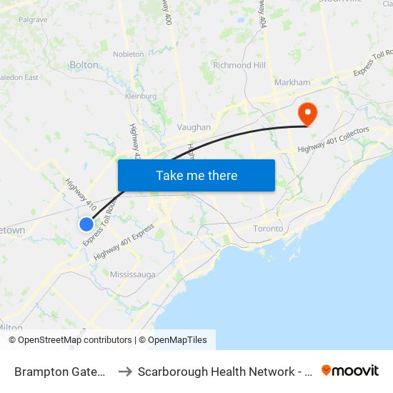 Brampton Gateway Terminal to Scarborough Health Network - Birchmount Hospital map