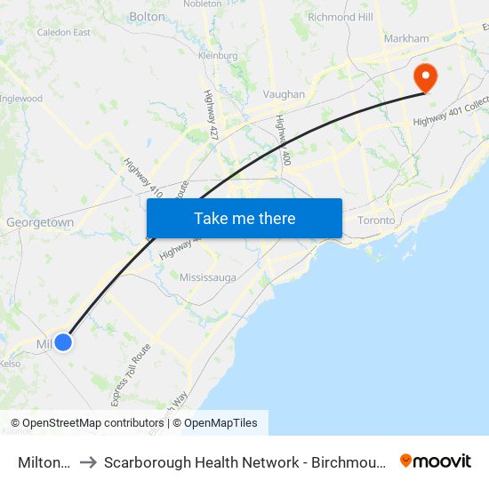 Milton Go to Scarborough Health Network - Birchmount Hospital map