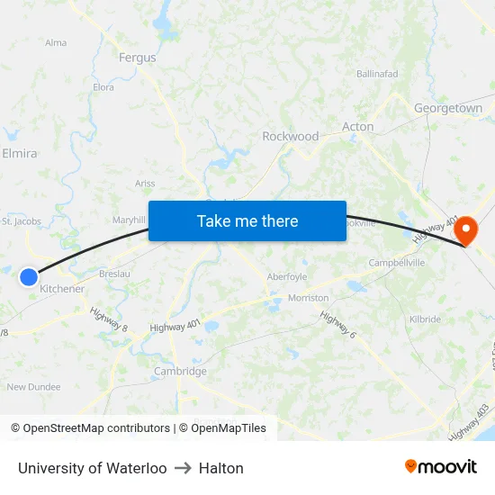 University of Waterloo to Halton map