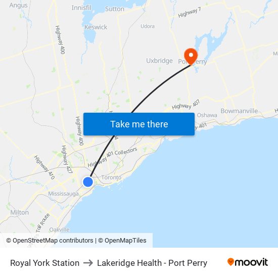 Royal York Station to Lakeridge Health - Port Perry map