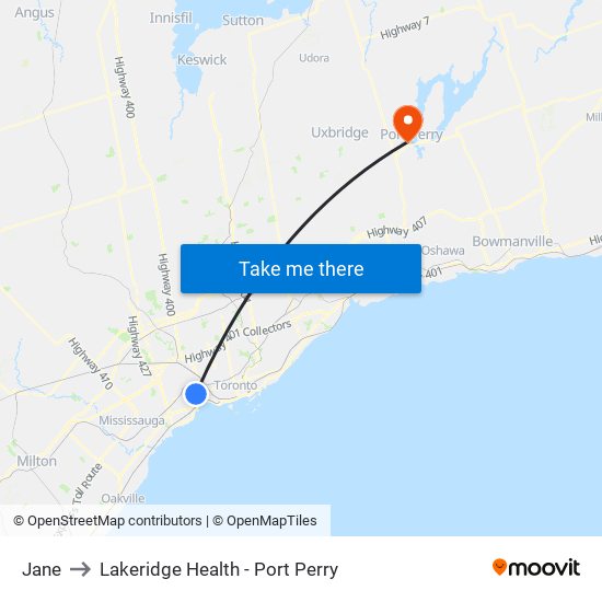 Jane to Lakeridge Health - Port Perry map