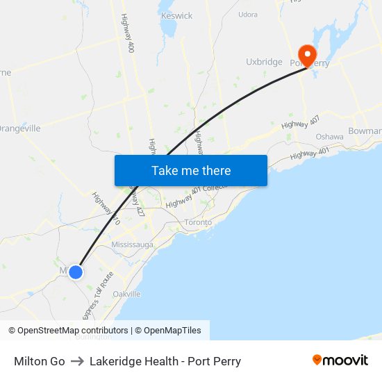 Milton Go to Lakeridge Health - Port Perry map