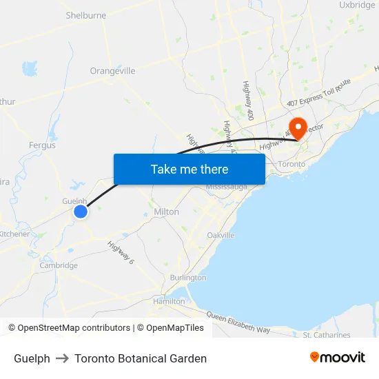 Guelph to Toronto Botanical Garden map