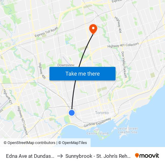 Edna Ave at Dundas St West to Sunnybrook - St. John's Rehab Hospital map