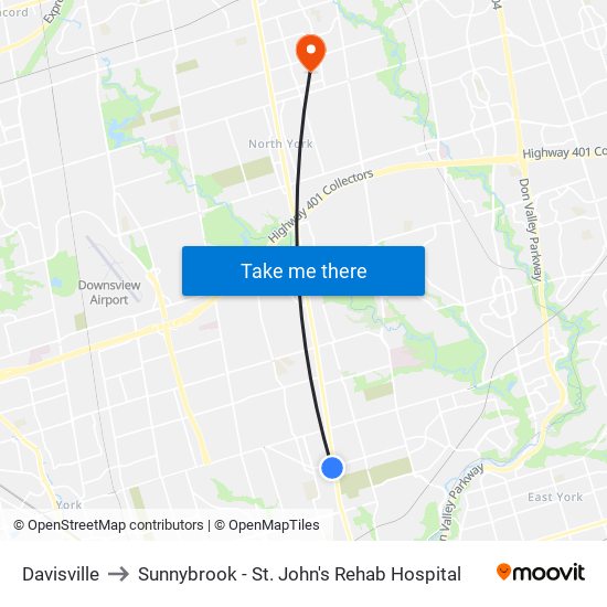 Davisville to Sunnybrook - St. John's Rehab Hospital map