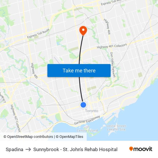 Spadina to Sunnybrook - St. John's Rehab Hospital map