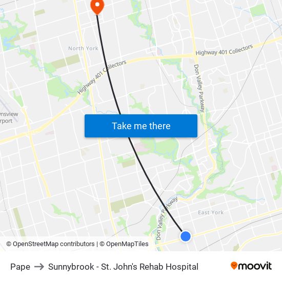 Pape to Sunnybrook - St. John's Rehab Hospital map