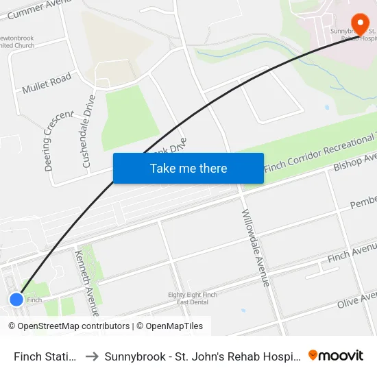 Finch Station to Sunnybrook - St. John's Rehab Hospital map
