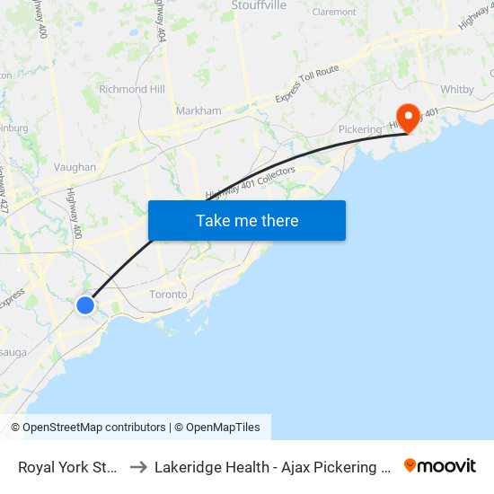 Royal York Station to Lakeridge Health - Ajax Pickering Hospital map