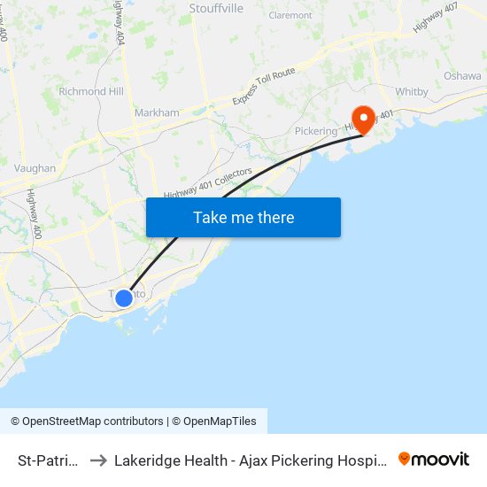 St-Patrick to Lakeridge Health - Ajax Pickering Hospital map