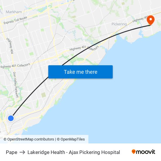 Pape to Lakeridge Health - Ajax Pickering Hospital map