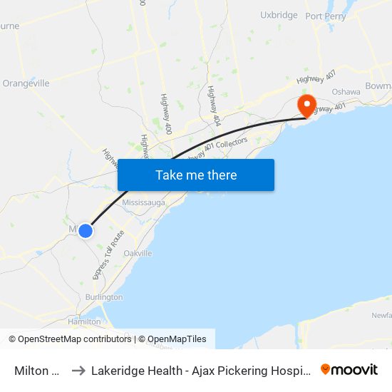 Milton Go to Lakeridge Health - Ajax Pickering Hospital map