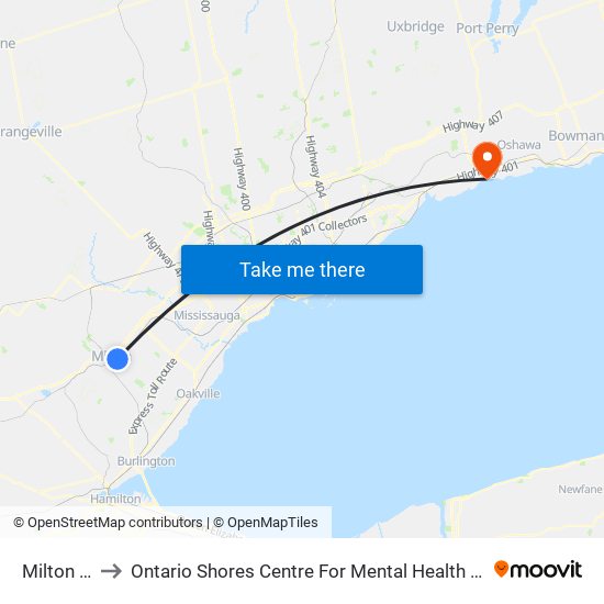 Milton Go to Ontario Shores Centre For Mental Health Sciences map