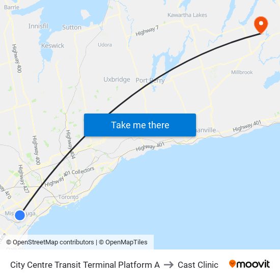City Centre Transit Terminal Platform A to Cast Clinic map