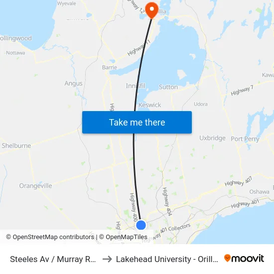 Steeles Av / Murray Ross Pkwy to Lakehead University - Orillia Campus map