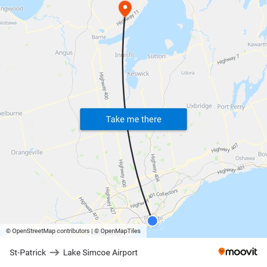 St-Patrick to Lake Simcoe Airport map