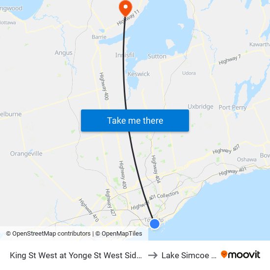 King St West at Yonge St West Side - King Station to Lake Simcoe Airport map