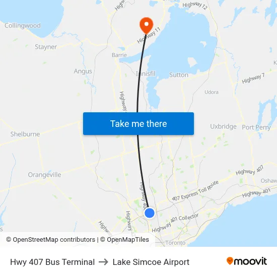 Hwy 407 Bus Terminal to Lake Simcoe Airport map