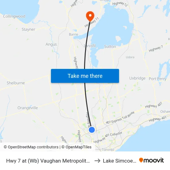 Hwy 7 at (Wb) Vaughan Metropolitan Centre Station to Lake Simcoe Airport map