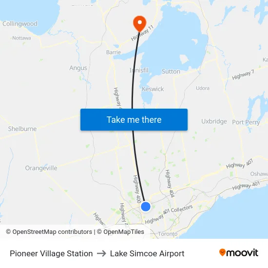 Pioneer Village Station to Lake Simcoe Airport map