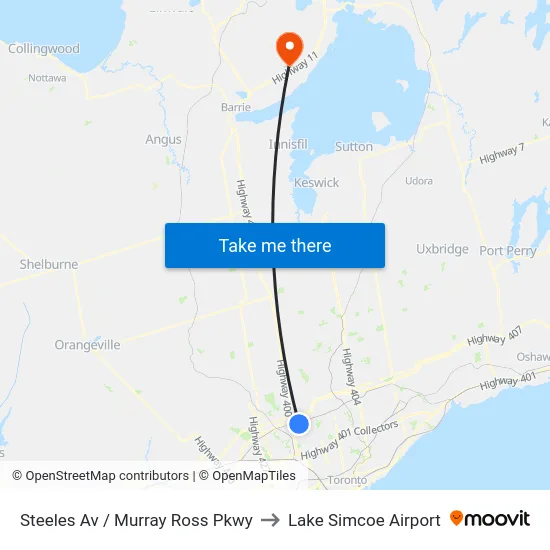 Steeles Av / Murray Ross Pkwy to Lake Simcoe Airport map